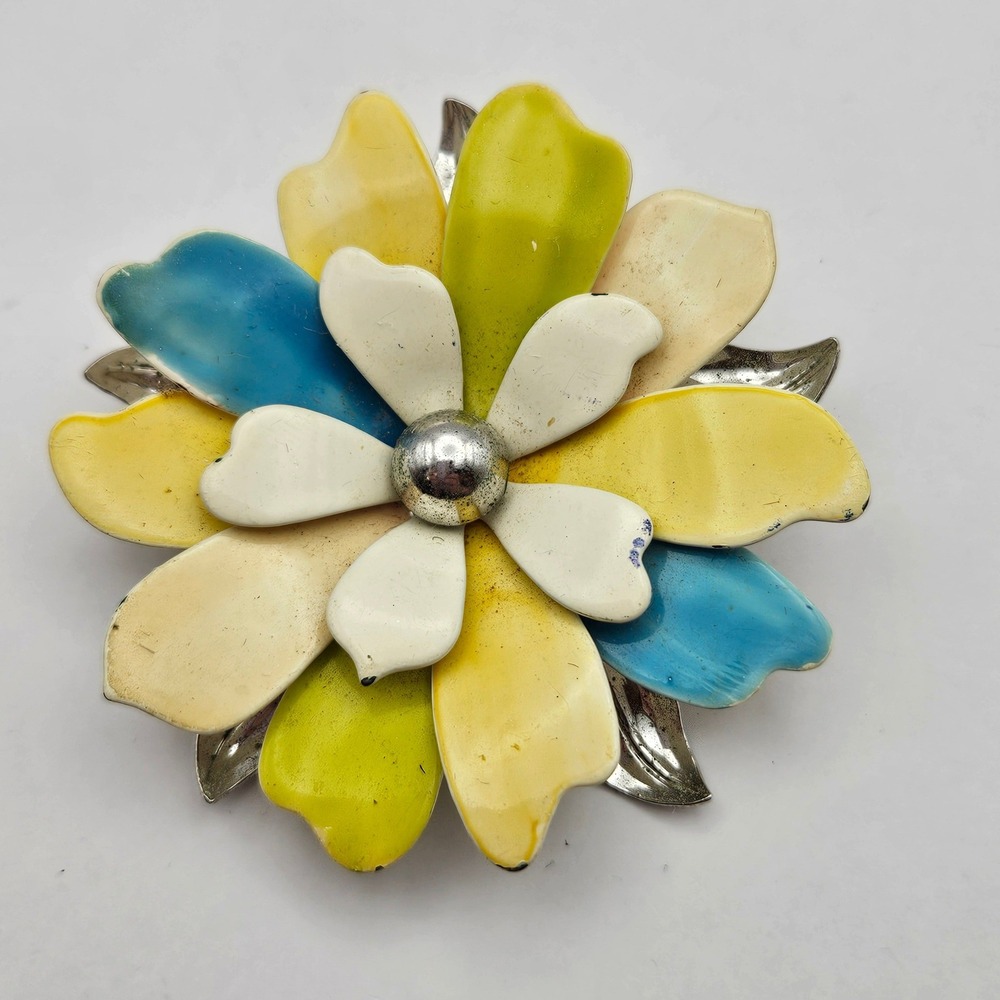 Sarah Coventry Vintage Enamel Flower Brooch Pin Blue Yellow Silver Tone 60s